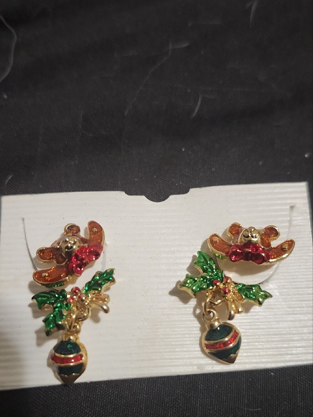 Vintage Christmas Teddy Bear & Ornament Dangle Earrings Gold Tone - Picture 5 of 6